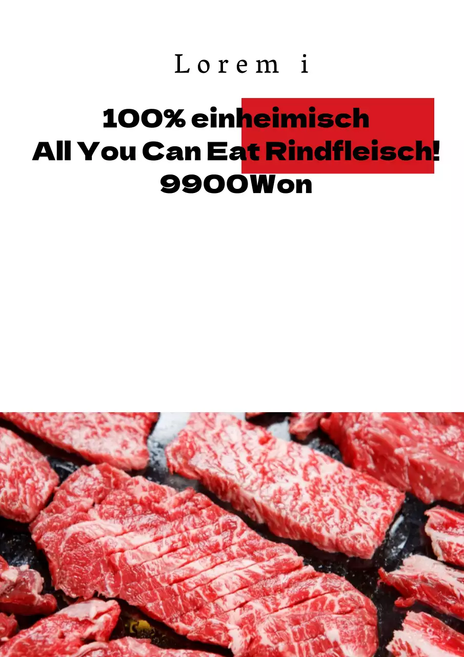 Werben Sie mit schwarzen und roten Fotos von rohem Fleisch für Rabatte am Rindfleischbuffet