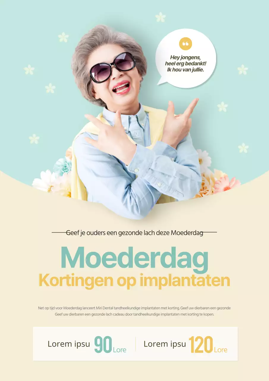 Moederdag implantaatverkoop met lachende gele en lichtblauwe foto's