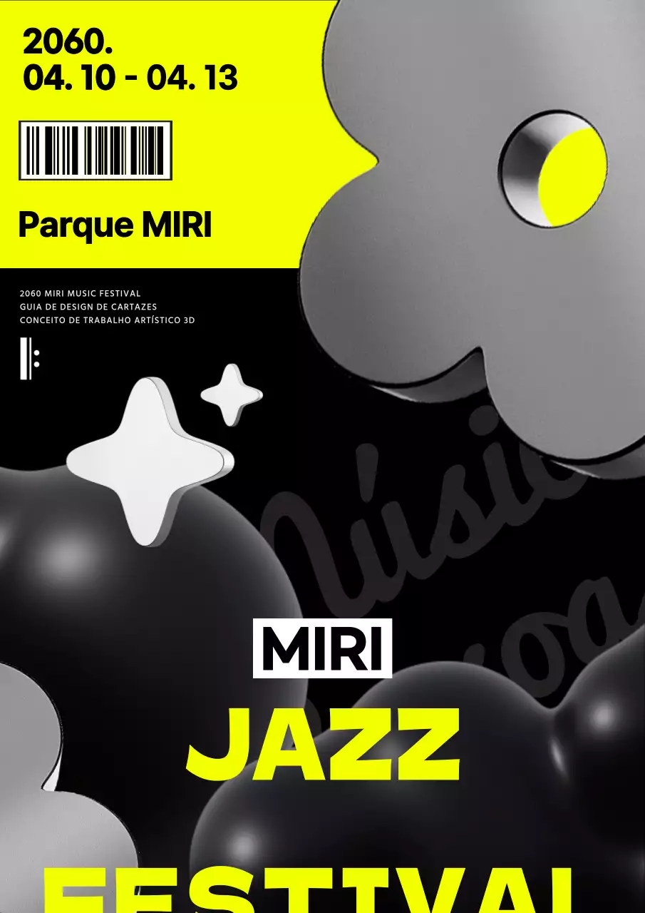 Conceito moderno de festival de música, com tons de preto e branco e toques de amarelo