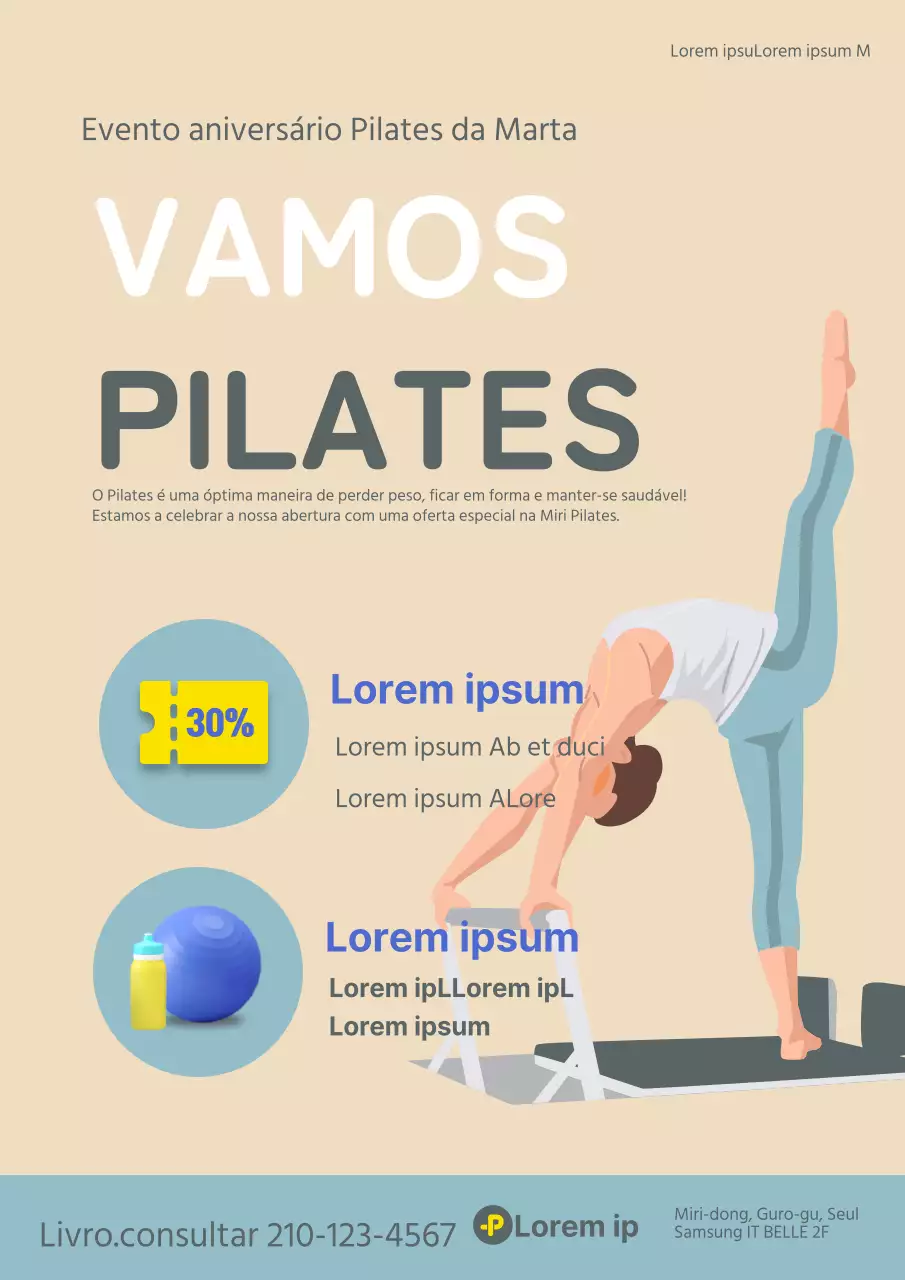 Promover um evento aberto e limpo com uma ilustração a bege e azul de uma pessoa a fazer Pilates
