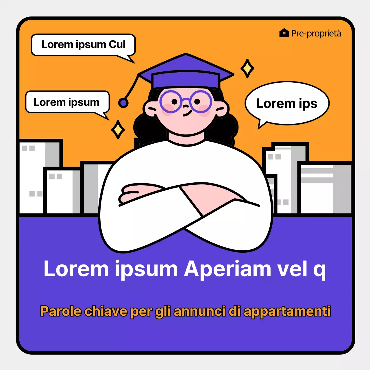 Guida illustrata viola e arancione alle parole chiave per l'elenco degli appartamenti