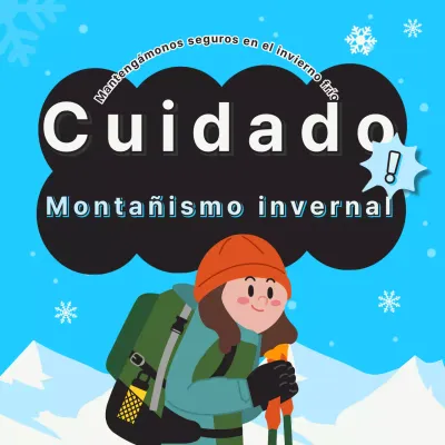 Ilustración de una caminata invernal segura con fondo azul claro (publicación de Instagram)