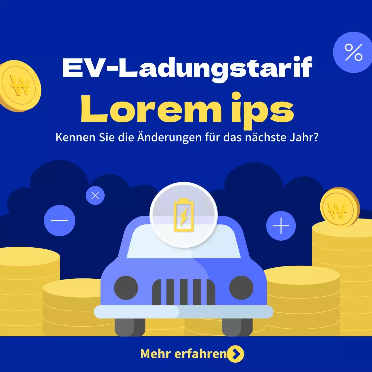 Blaue und gelbe Elektroautos und Münzen: Wie man die Kosten für eine Ladung berechnet