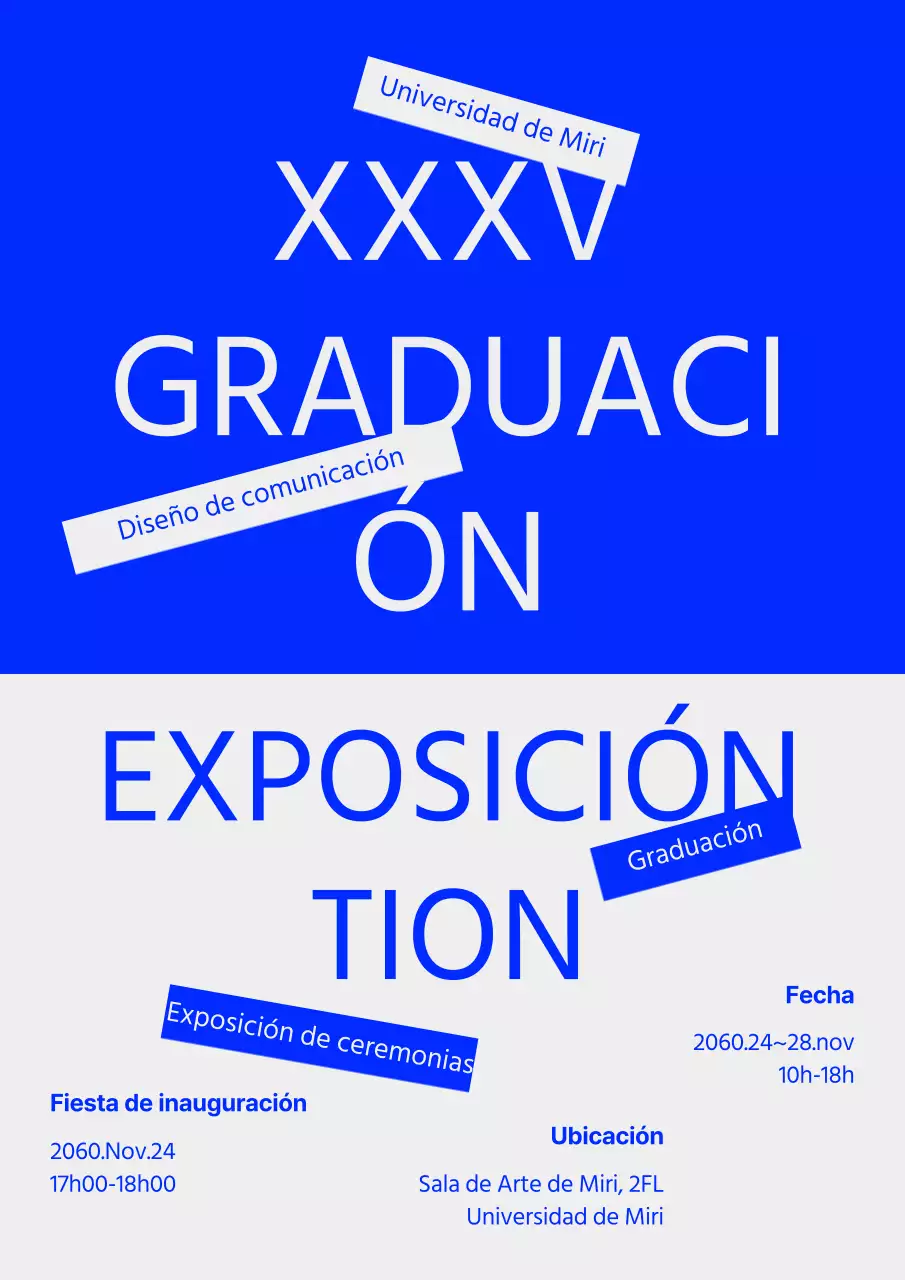 Anuncio de exposición de graduación con texto destacado en azul y gris