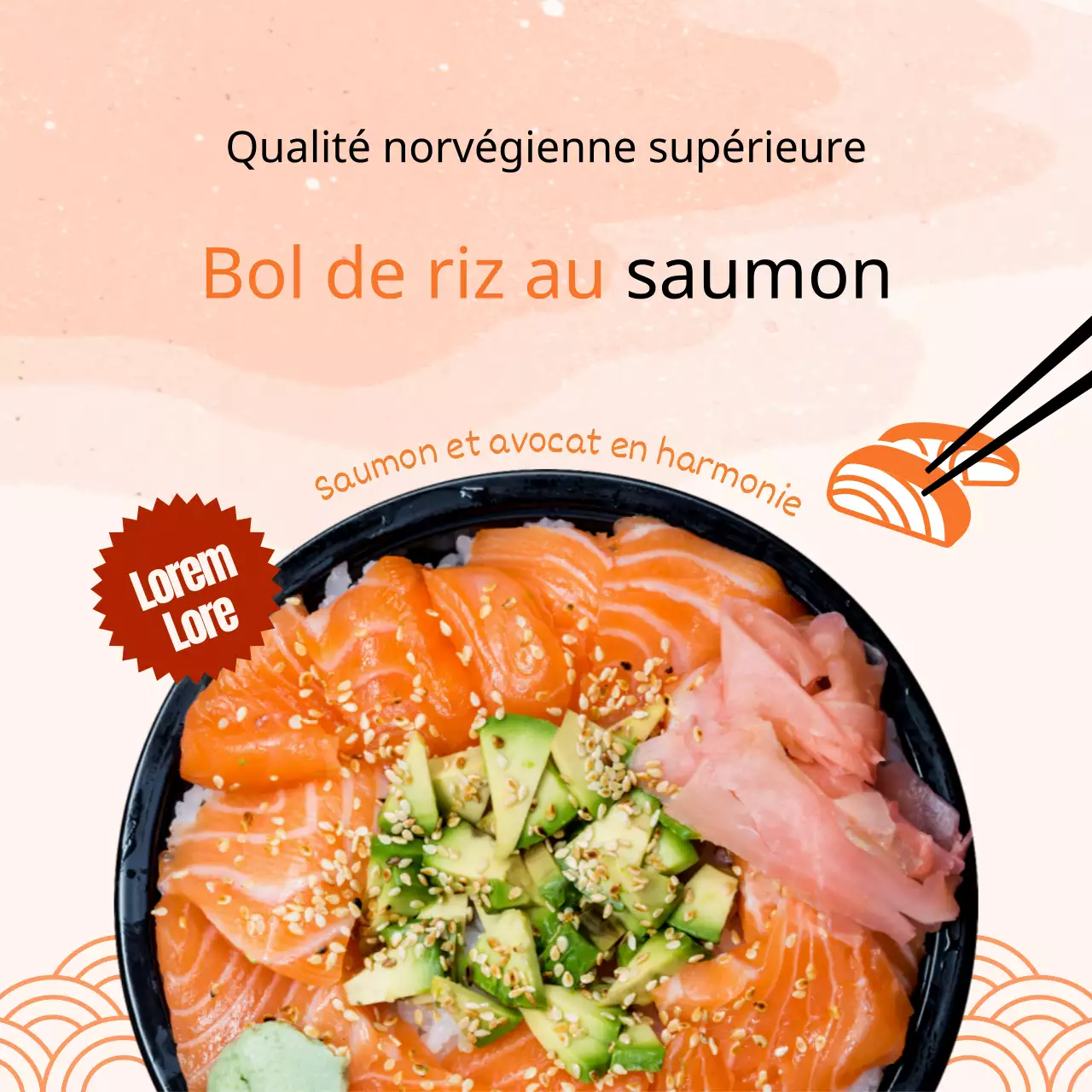 Bol de riz au saumon sur fond orange sur le menu