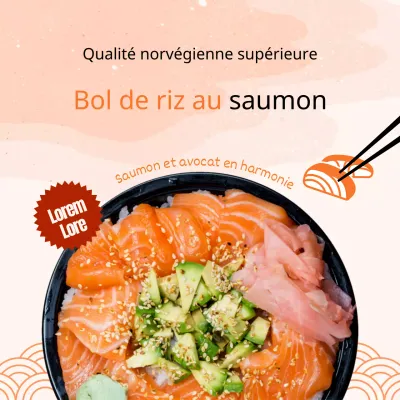 Bol de riz au saumon sur fond orange sur le menu