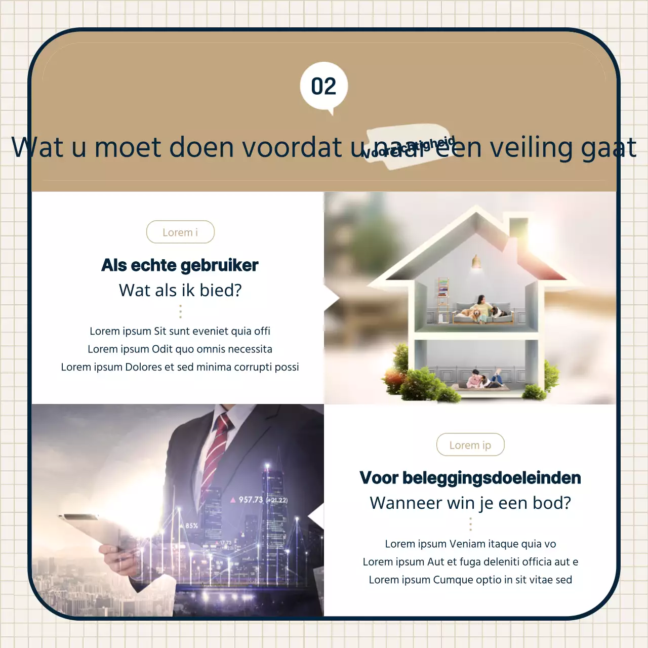 Vastgoedveiling thema met beige strakke illustraties en frame combinaties