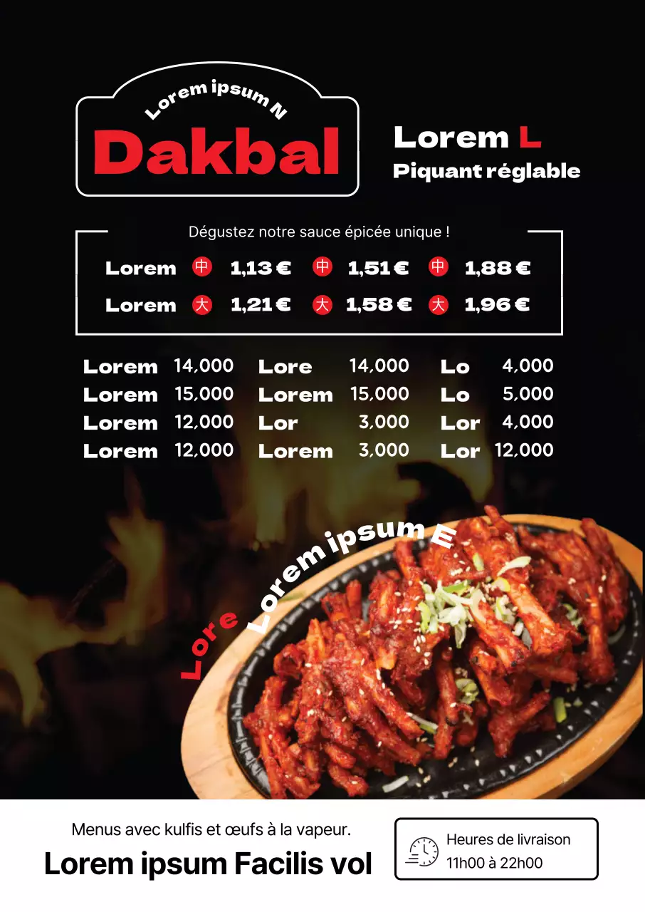 Menu de pattes de poulet d'un restaurant soigné, mis en évidence par une photo rouge