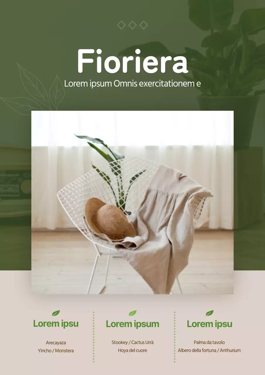 Design promozionale a tema botanico per interni con toni verdi