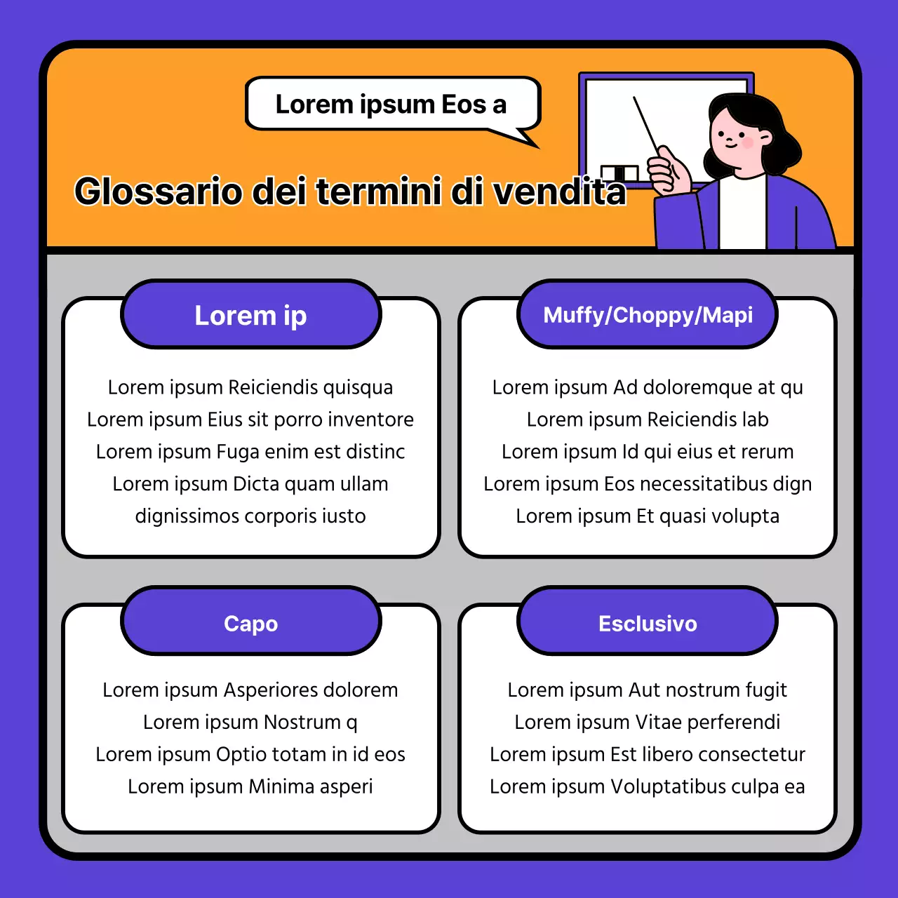 Guida illustrata viola e arancione alle parole chiave per l'elenco degli appartamenti