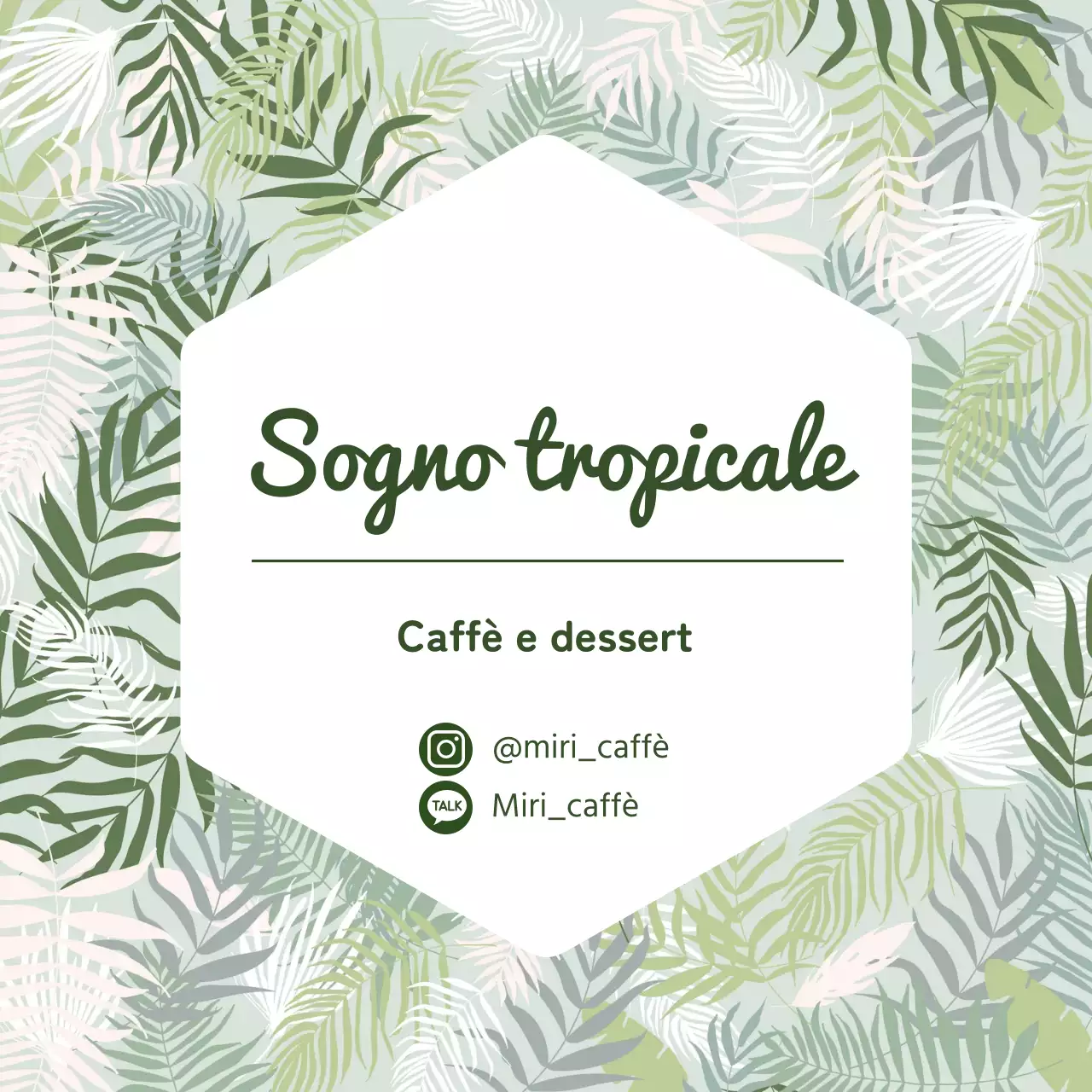 Etichetta promozionale del biglietto da visita del caffè con motivo tropicale verde