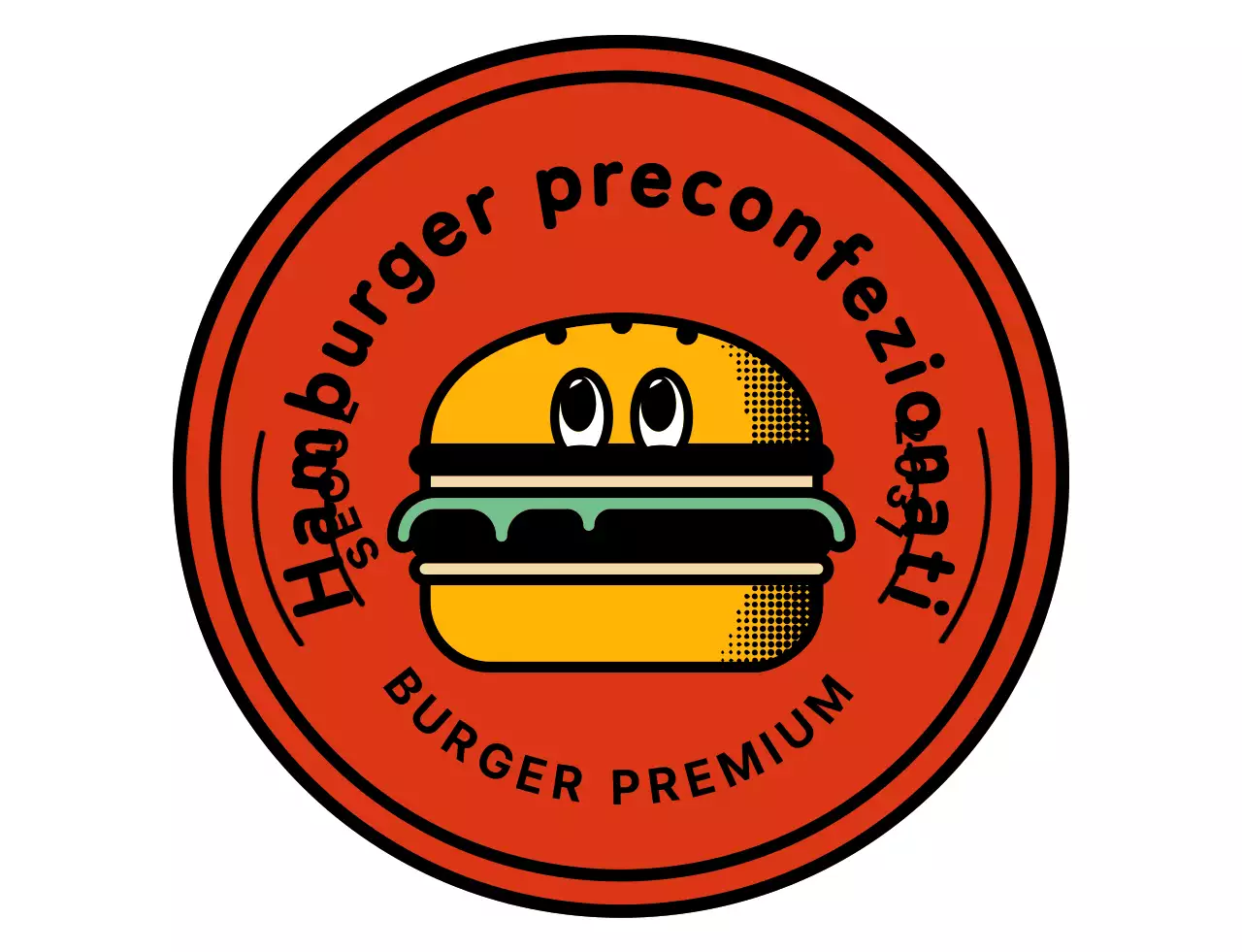 Un hamburger con il logo di un simpatico personaggio rosso e arancione
