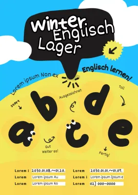 Niedlicher primärer englischer Lagerführer mit hellblauem und gelbem Hintergrund (Webposter vertikal)