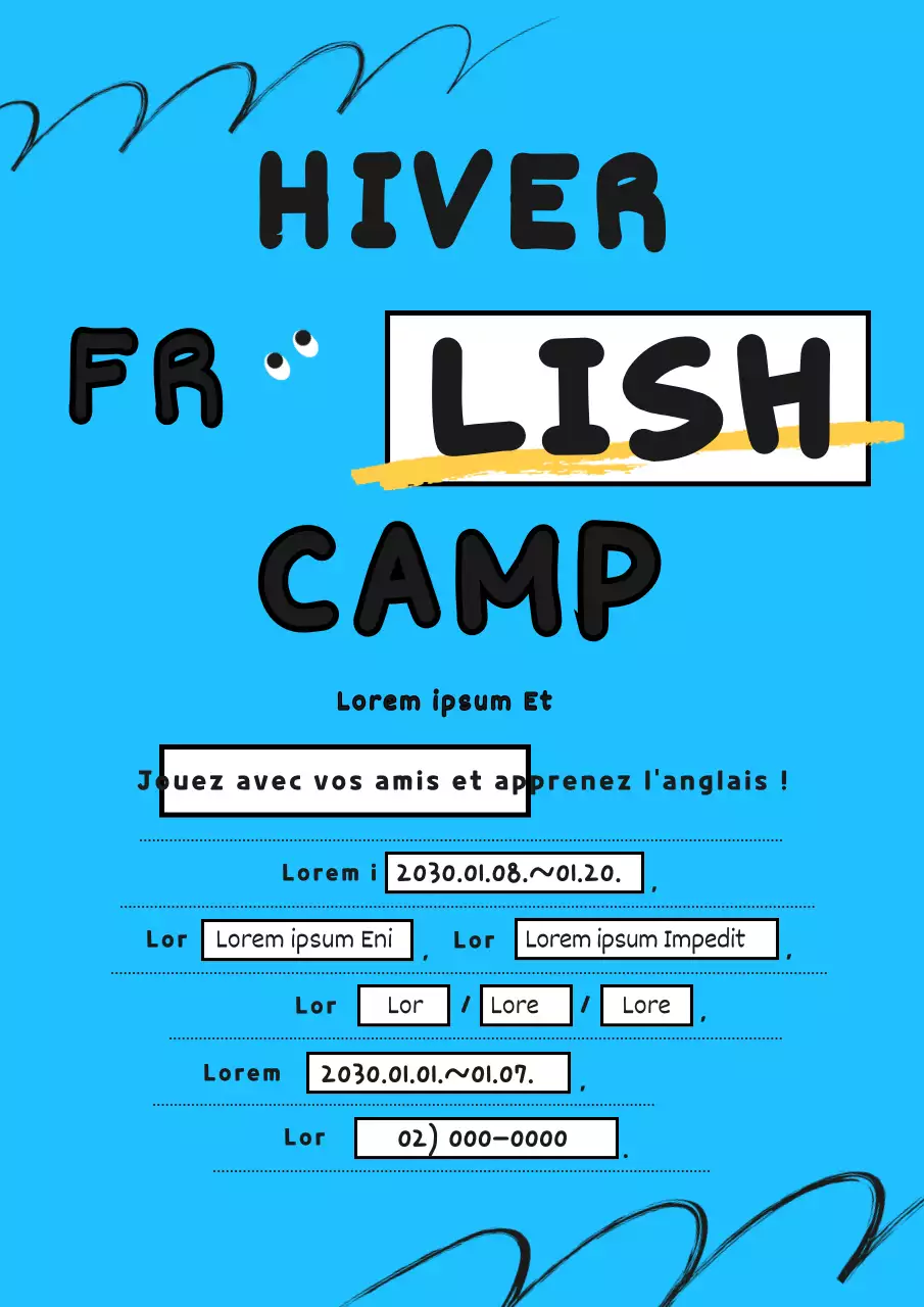 Informations primaires sur les camps en anglais sur fond bleu clair et format à remplir (webposter vertical)