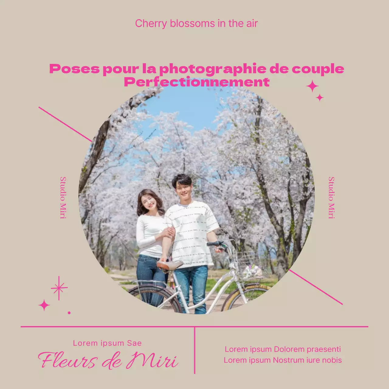 Comment poser pour un couple de fleurs de cerisier joyeuses avec un lettrage rose ?