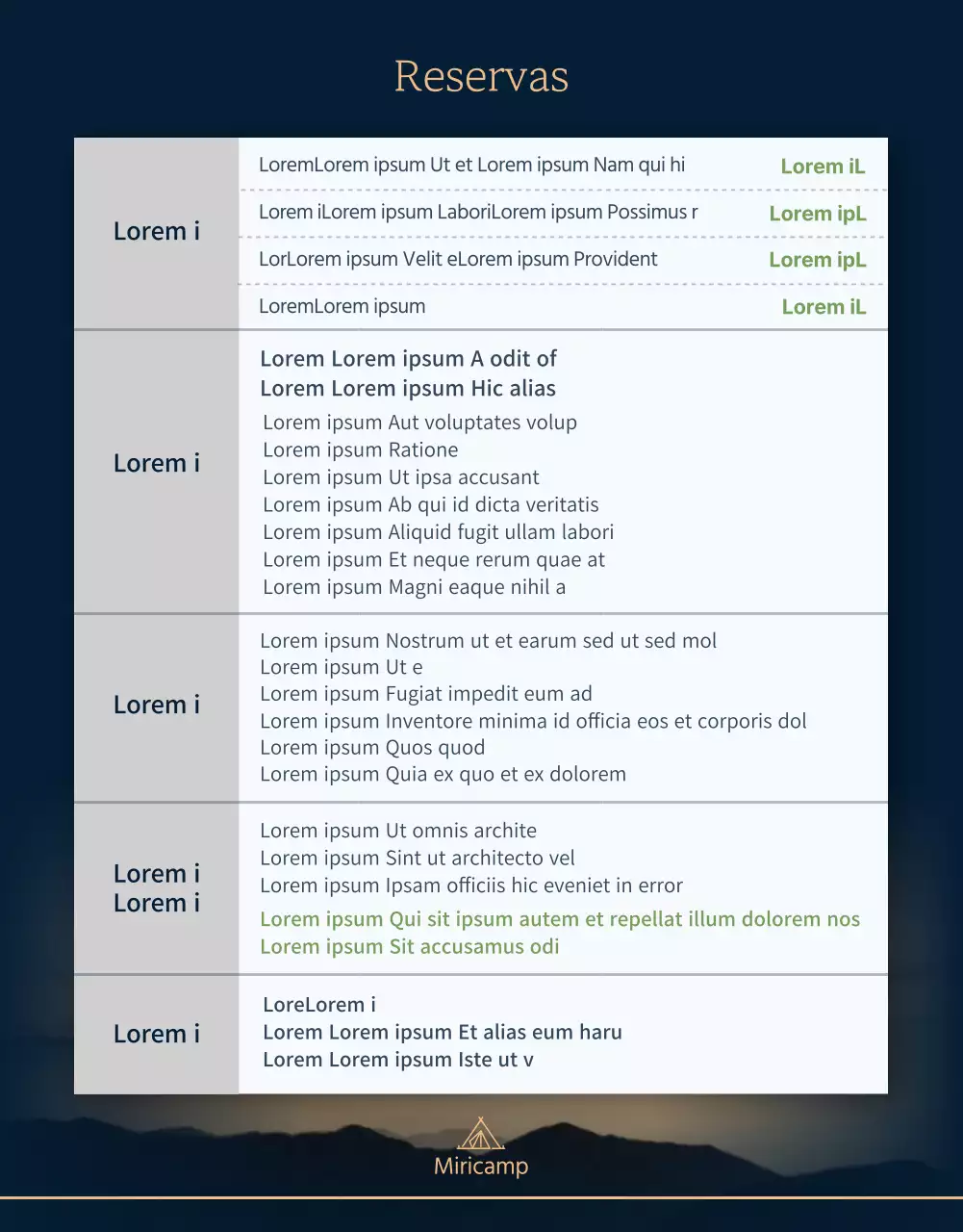 Página detallada del camping azul marino y oscuro