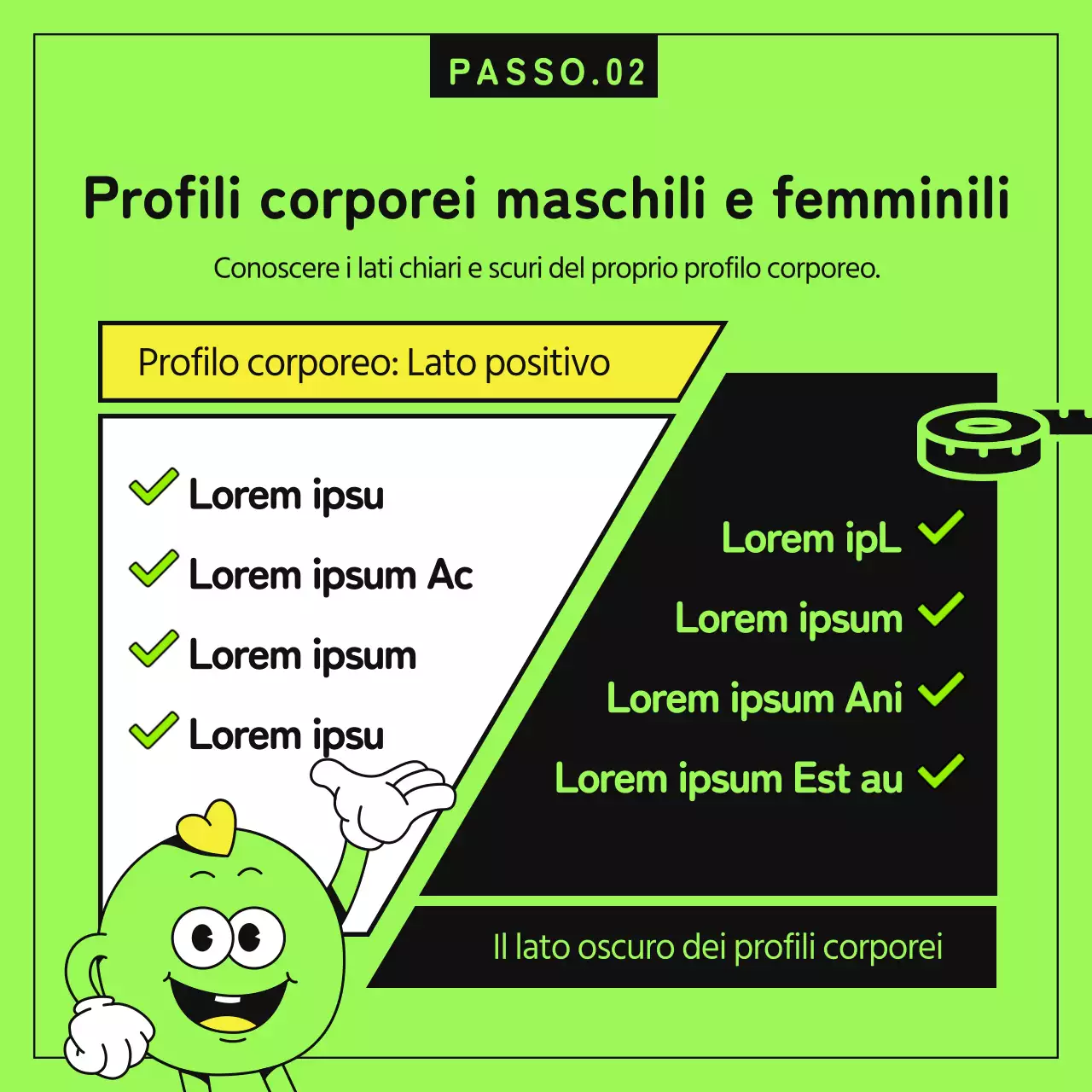 Discutere i pro e i contro del verde lime fluorescente e del nero dei profili del corpo dei giovani.