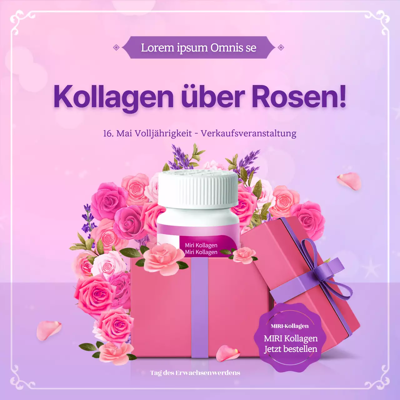 Ein femininer Rosenhintergrund in Rosa und Lila für ein Collagen-Event zum Erwachsenwerden