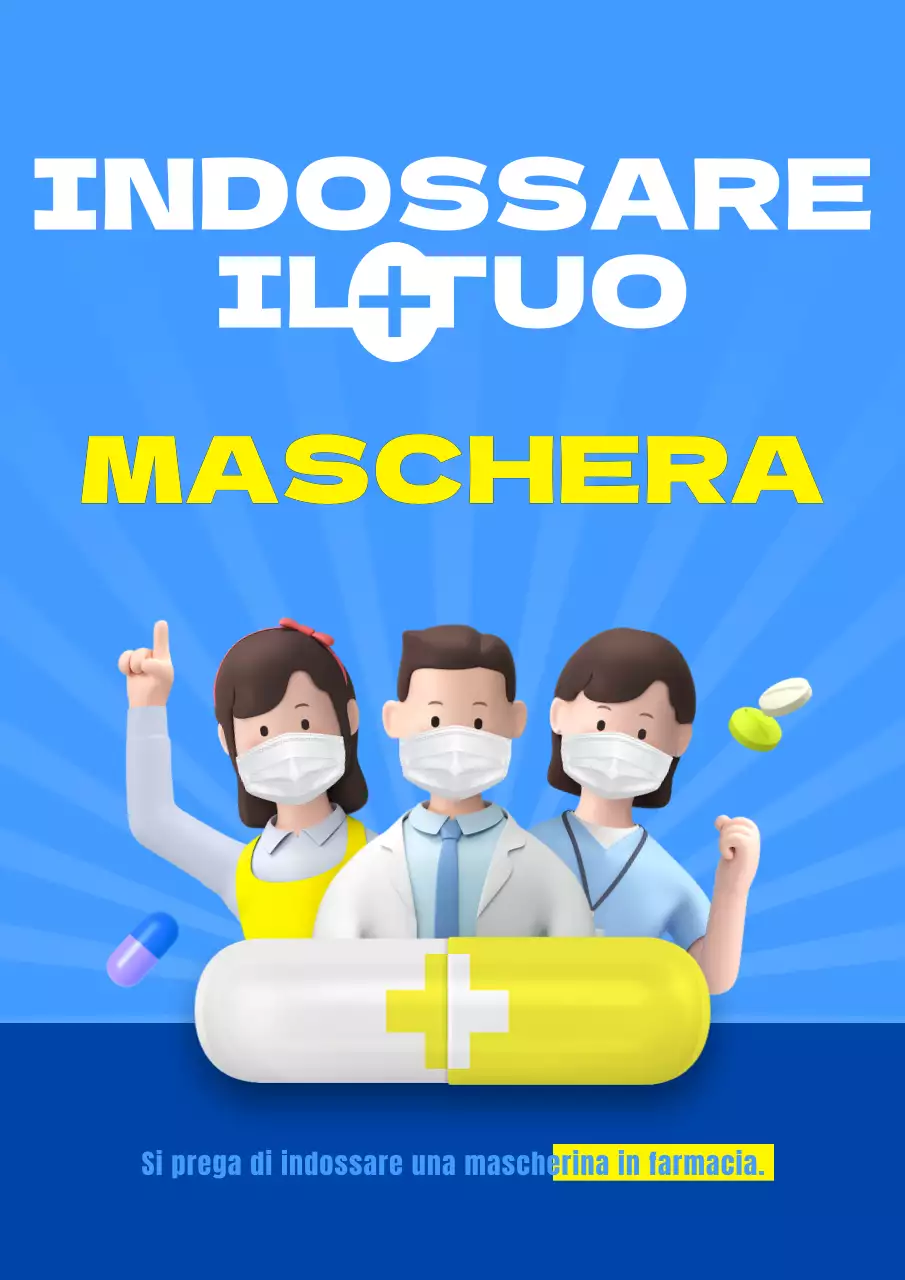 Raccomandazione di indossare una maschera in farmacia con concetto di illustrazione 3D blu giallo carino