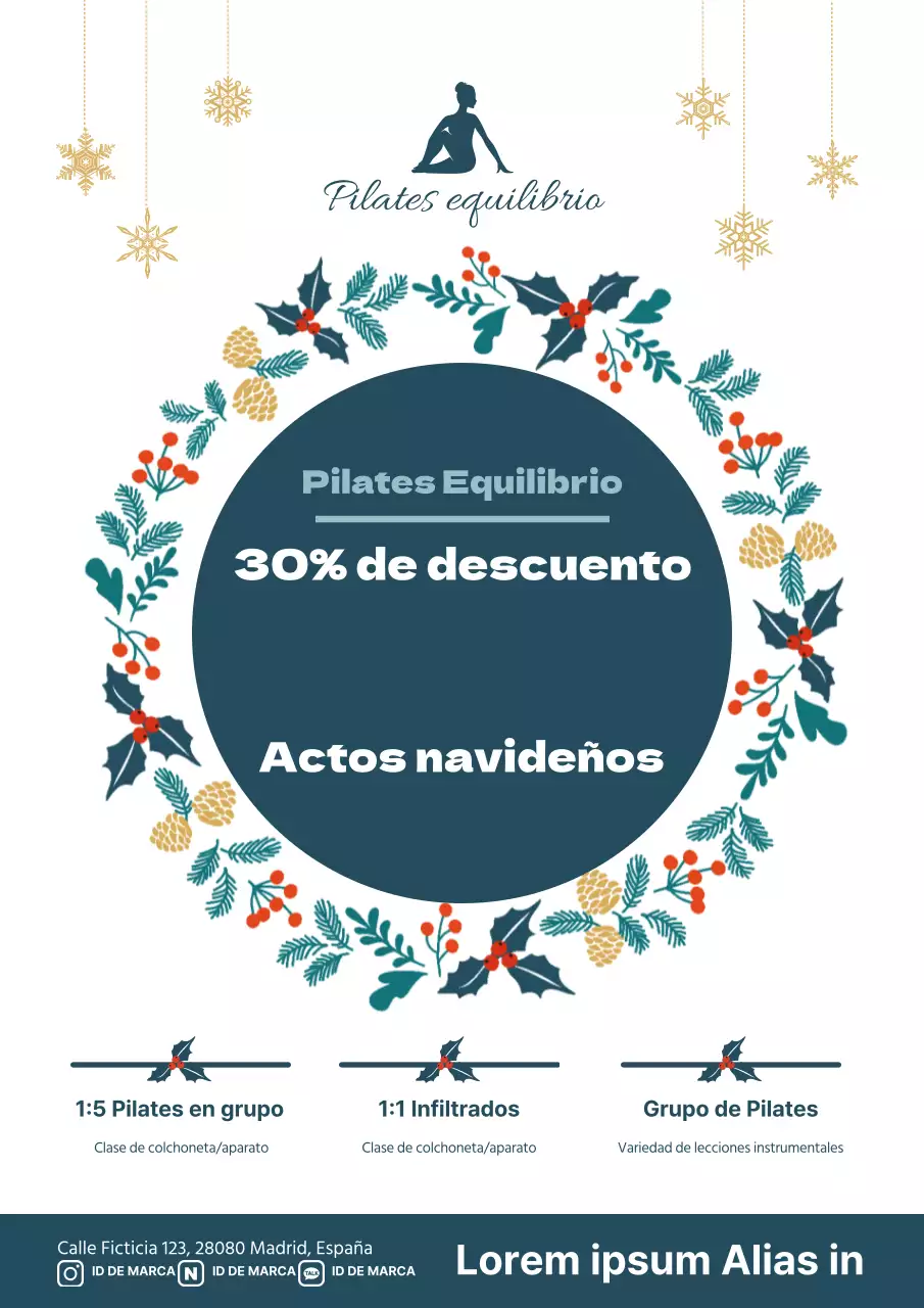 Elegante folleto promocional del evento navideño del estudio de Pilates en verde y blanco