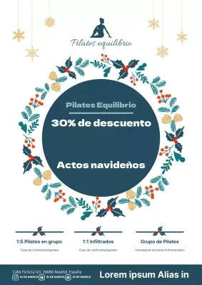 Elegante folleto promocional del evento navideño del estudio de Pilates en verde y blanco