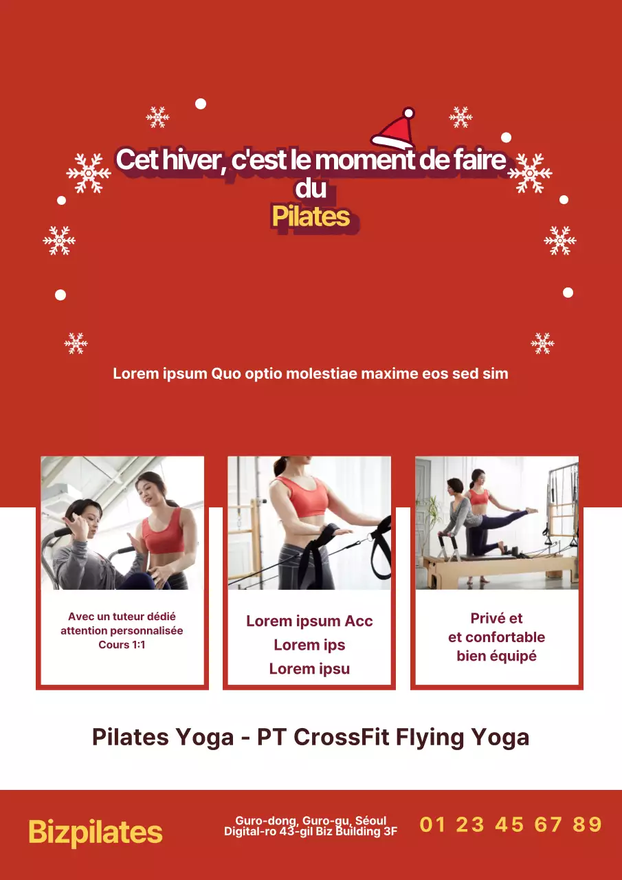 Promotionnel pour une école de Pilates dans un concept hivernal avec une photo d'un cours de Pilates en rouge.