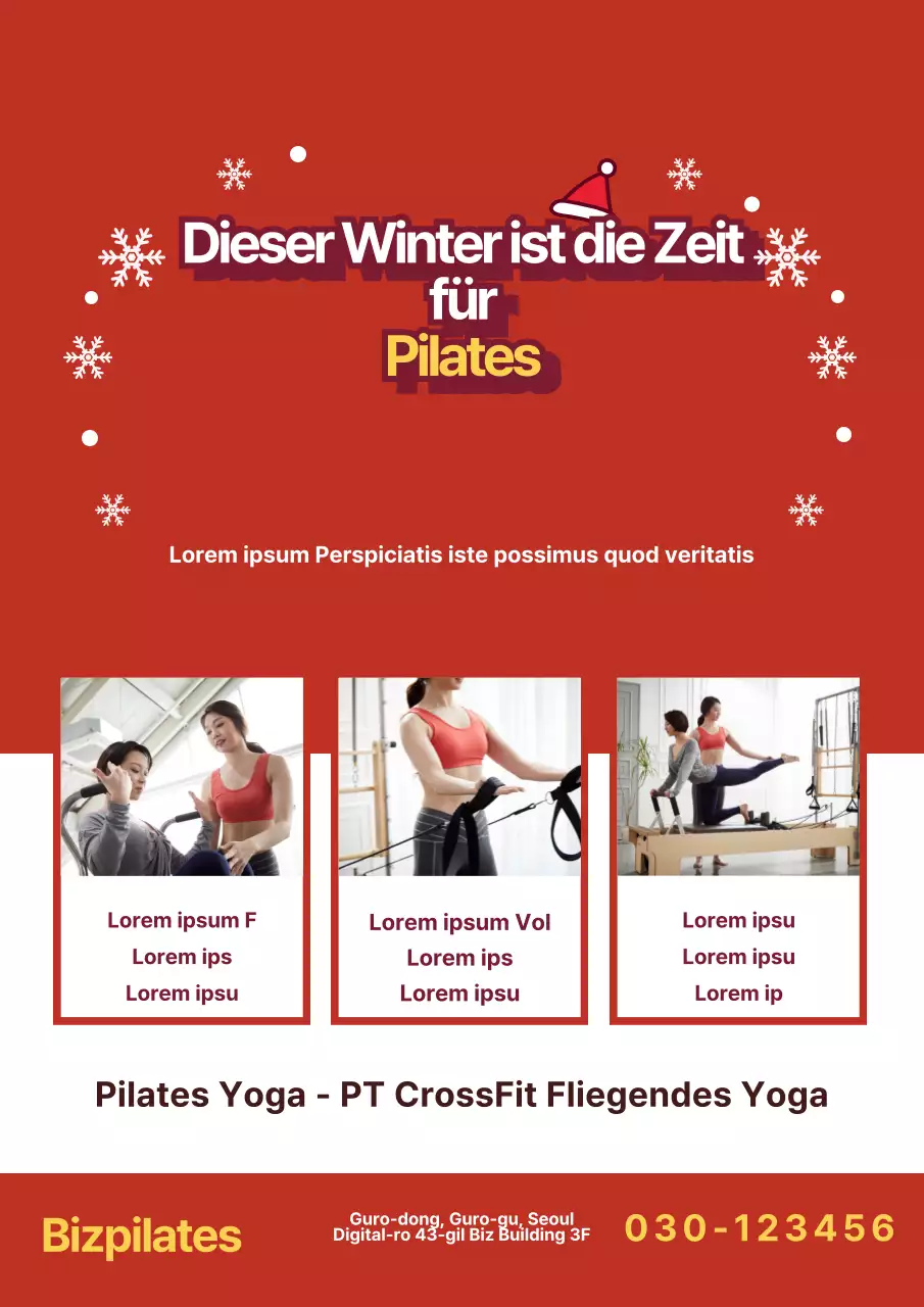 Werbemittel für eine Pilates-Schule in einem Winterkonzept mit einem Foto einer Pilates-Klasse in Rot.