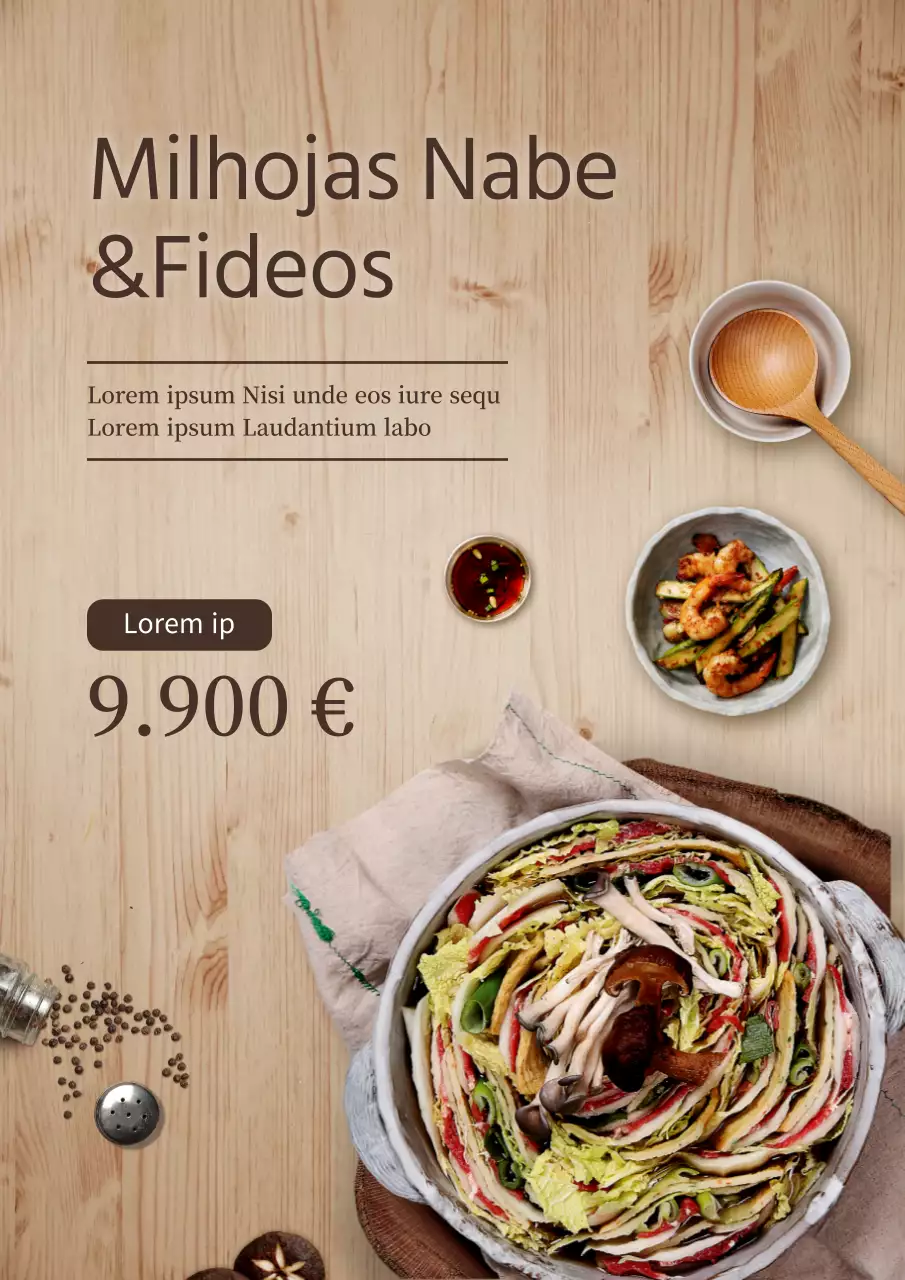 Milhojas Nabe Cartel de menú japonés con fondo de textura de madera