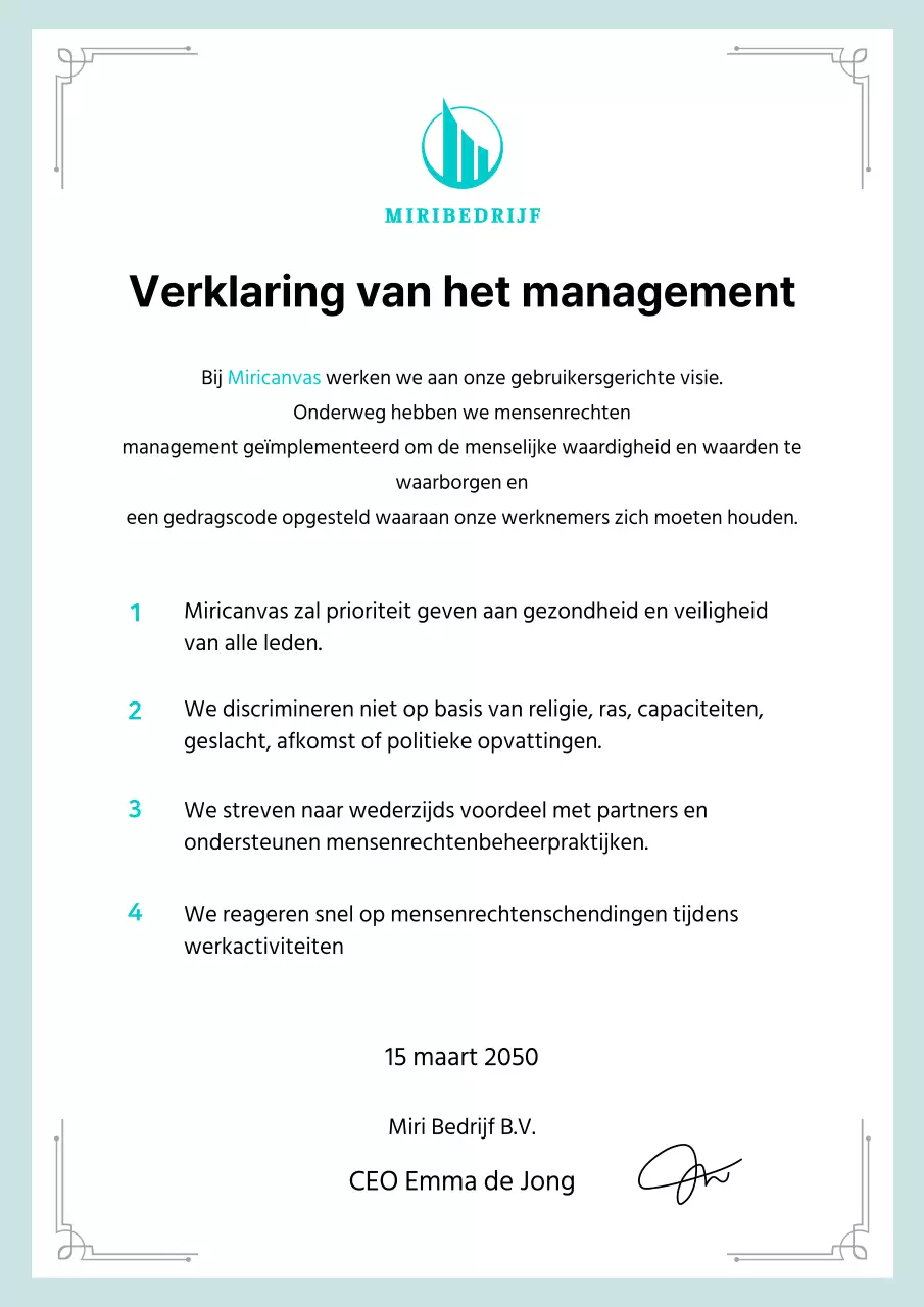 Een schoon bedrijfsmanifest in zwart en mint