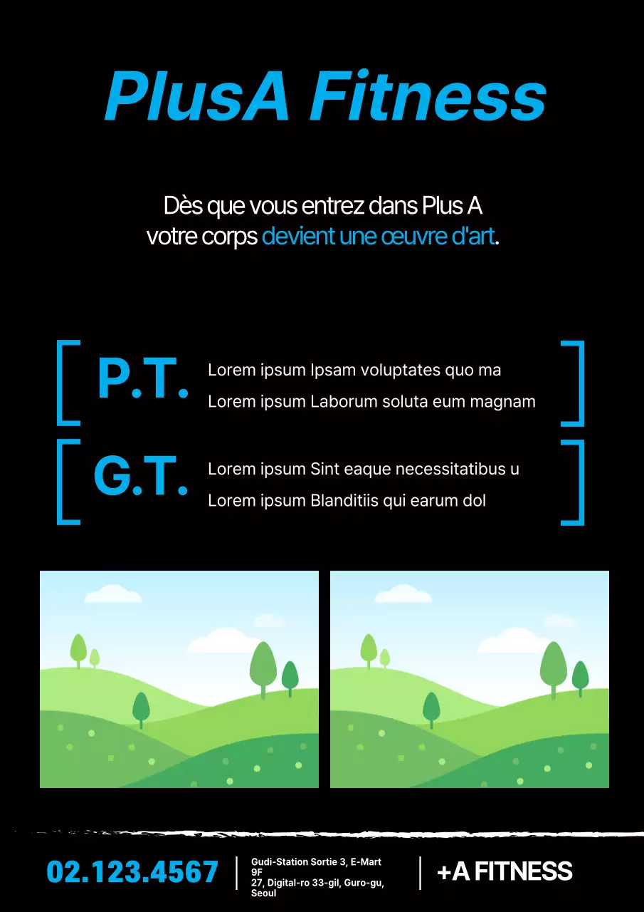 Promotion simple d'une salle de sport avec des photos et du texte en bleu et noir