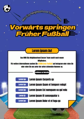 Blaues und gelbes Poster zur Anwerbung für den Fußball