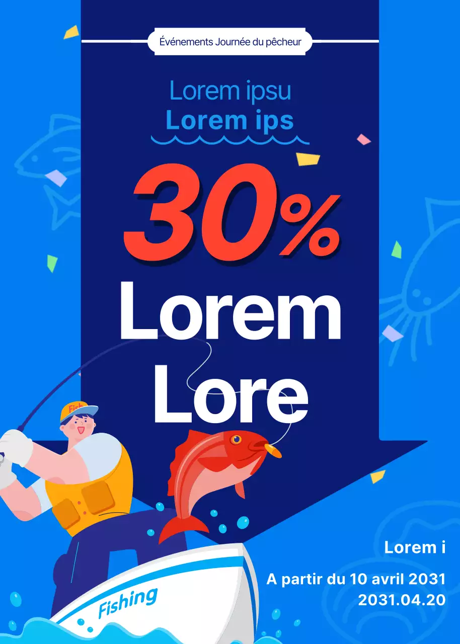 Réduction pour la Journée des pêcheurs avec une illustration de pêche sur fond bleu
