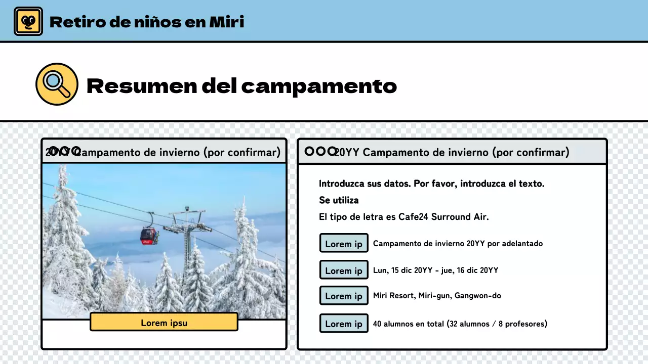 Campamento de invierno para niños con un bonito estilo en azul claro y verde