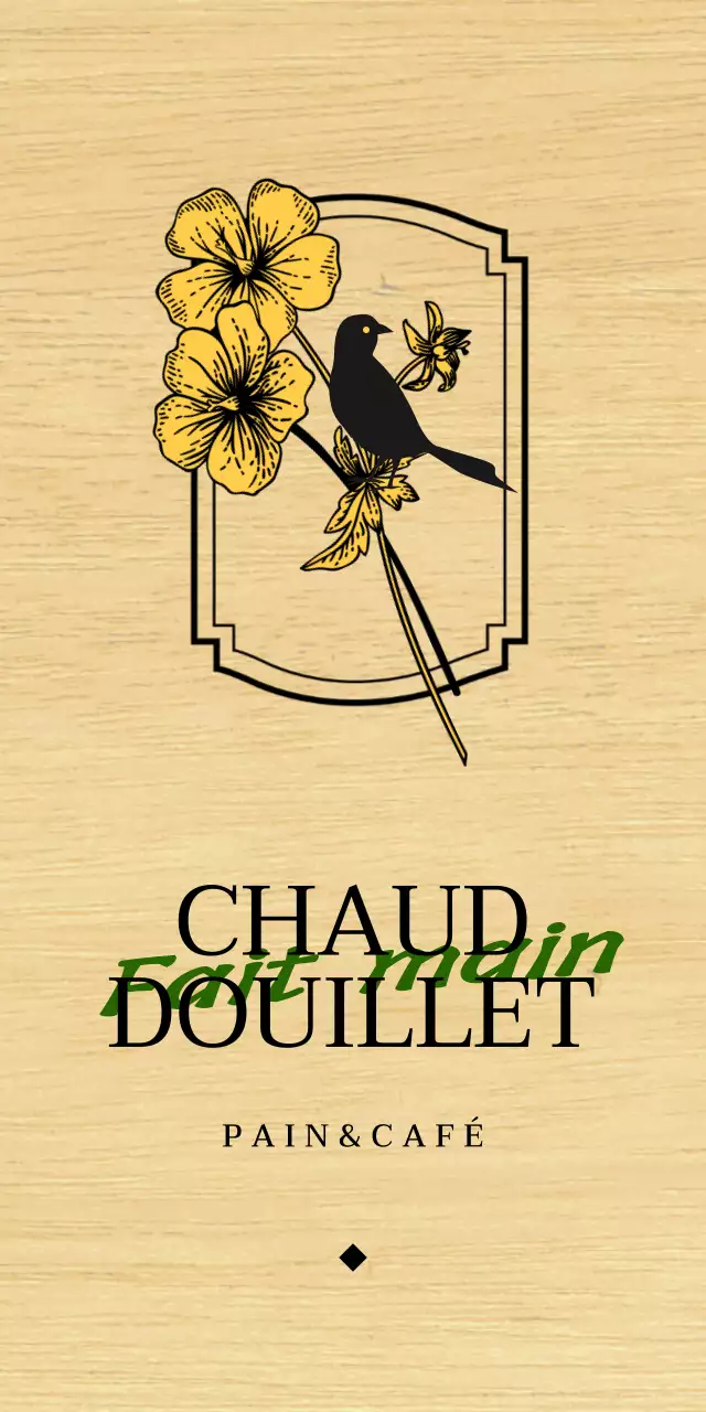 Conception émotionnelle d'un café-boulangerie avec des illustrations de fleurs et d'oiseaux en noir et jaune