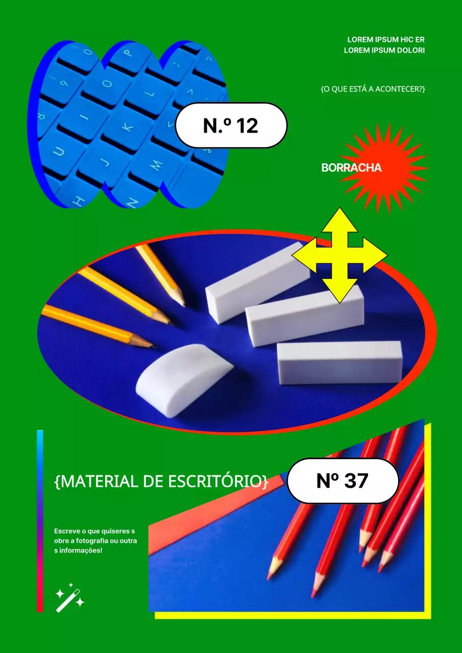 Anúncio de um novo produto de papelaria verde e vermelho