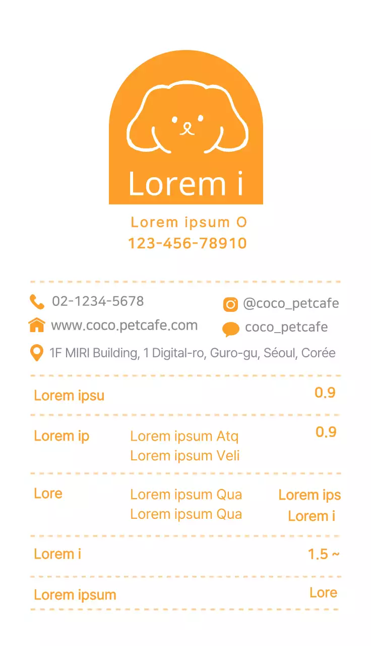 Carte de visite d'un café pour animaux avec illustration d'un chien jaune