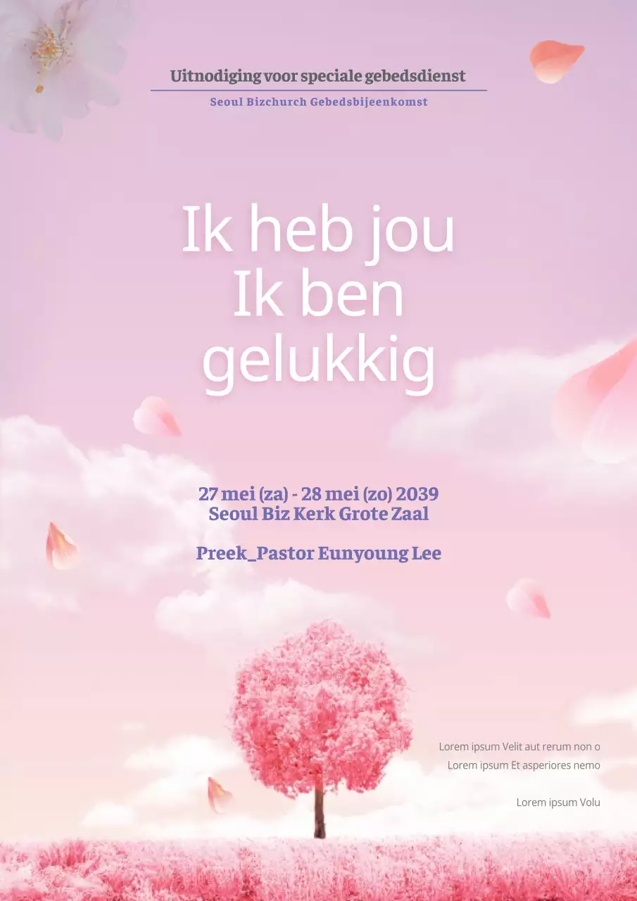Promoot een gebedsdienst in de kerk met een zacht concept met een landschapsfoto met roze bomen