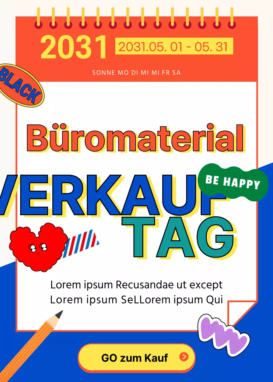 Farbenfroher Verkauf von Bürobedarf zum Tag der Arbeit in Orange und Blau