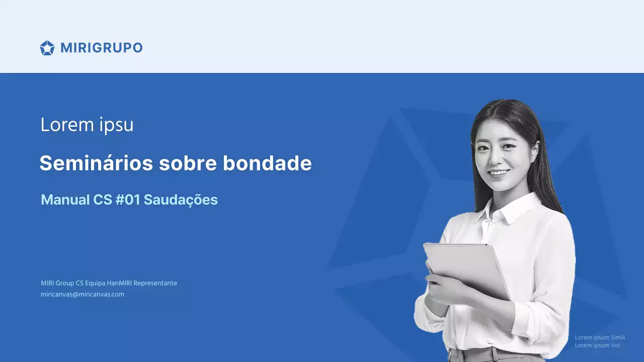 Seminário de formação sobre gentileza para o pessoal das lojas do Miri Group em azul e cinzento Manual CS Etiqueta de saudação