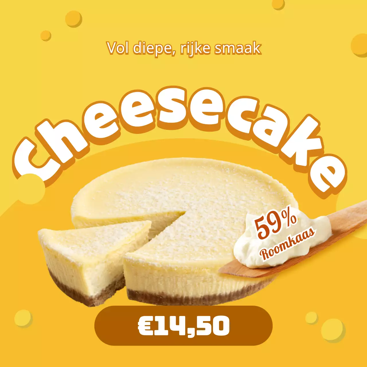 Een schattige cheesecake met een gele kaasachtergrond en een prijsgids