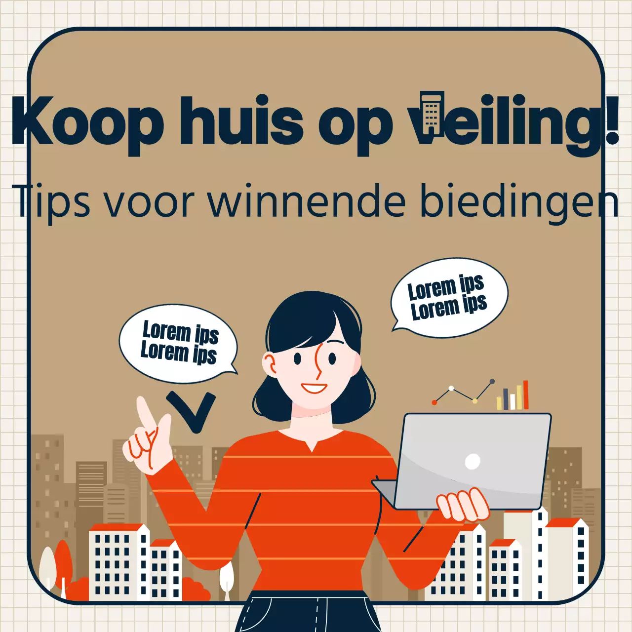 Vastgoedveiling thema met beige strakke illustraties en frame combinaties