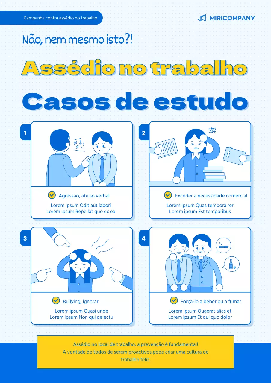 Webposter azul e amarelo ilustrado sobre o assédio moral no local de trabalho