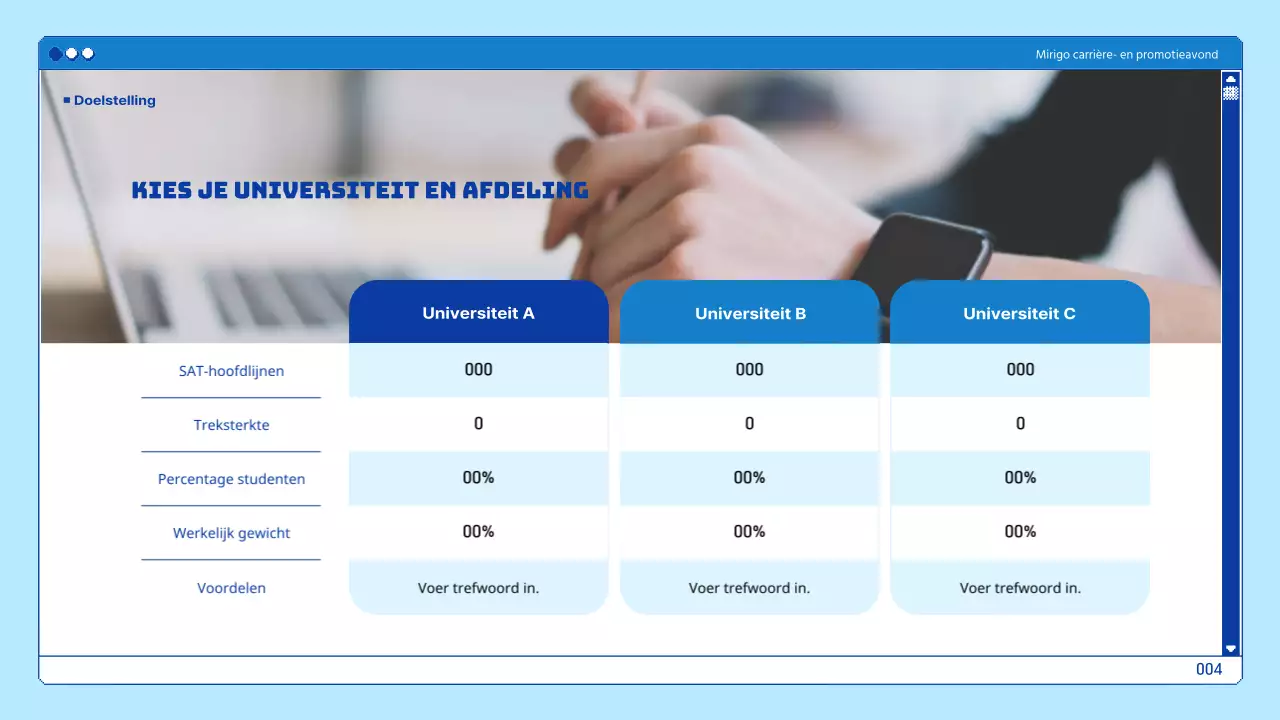 Universitaire presentaties in een blauw browserthema