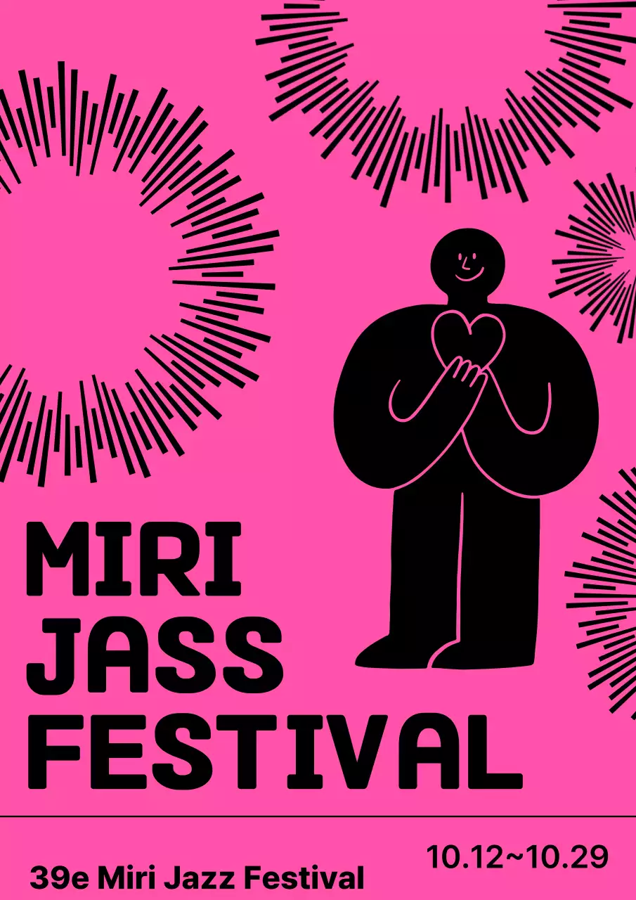 Jazzfestivalconcert met eenvoudige, schattige geïllustreerde figuurtjes in roze en zwart