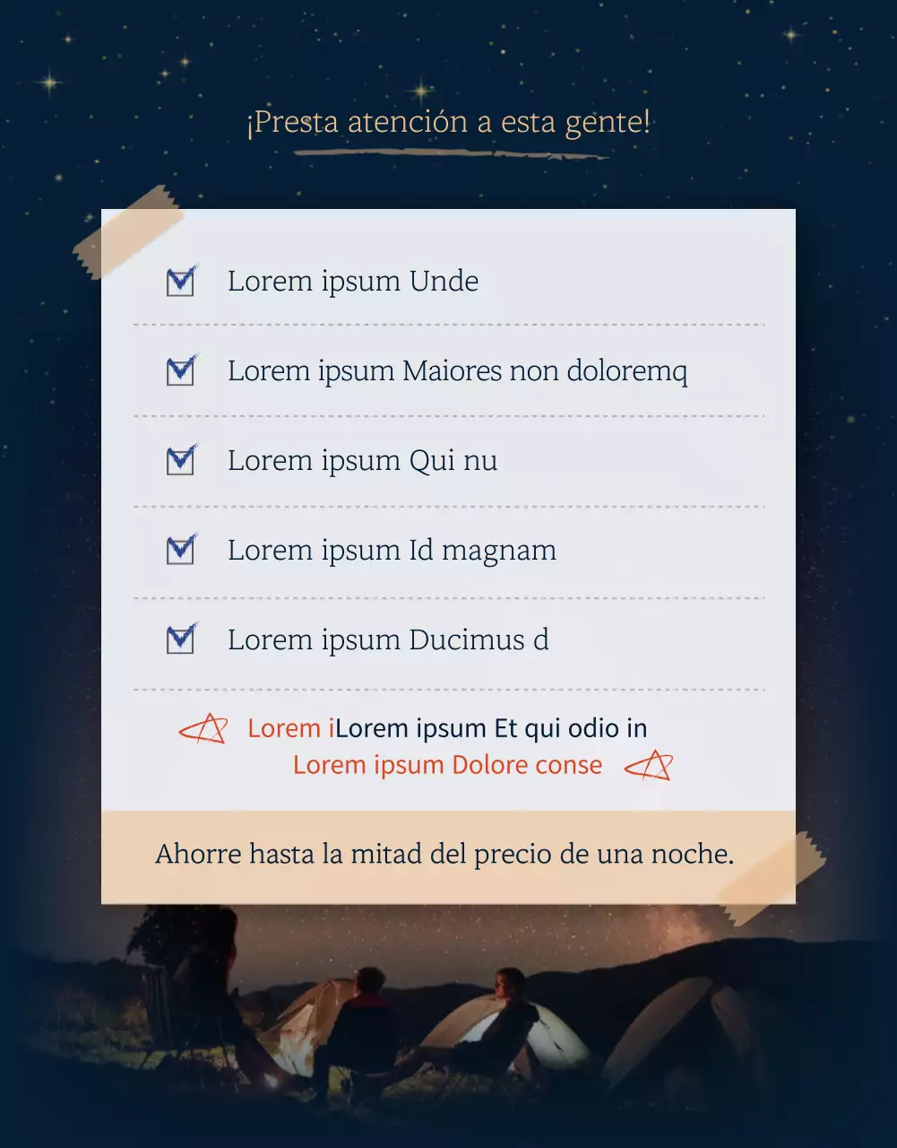 Página detallada del camping azul marino y oscuro