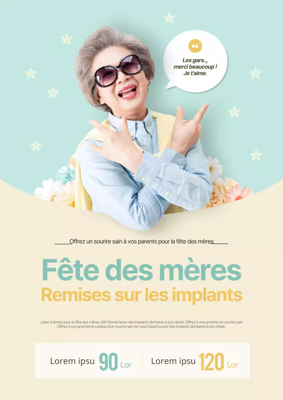 Vente d'implants pour la fête des mères avec des photos souriantes jaune et bleu clair