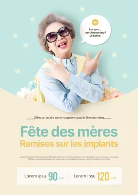 Vente d'implants pour la fête des mères avec des photos souriantes jaune et bleu clair