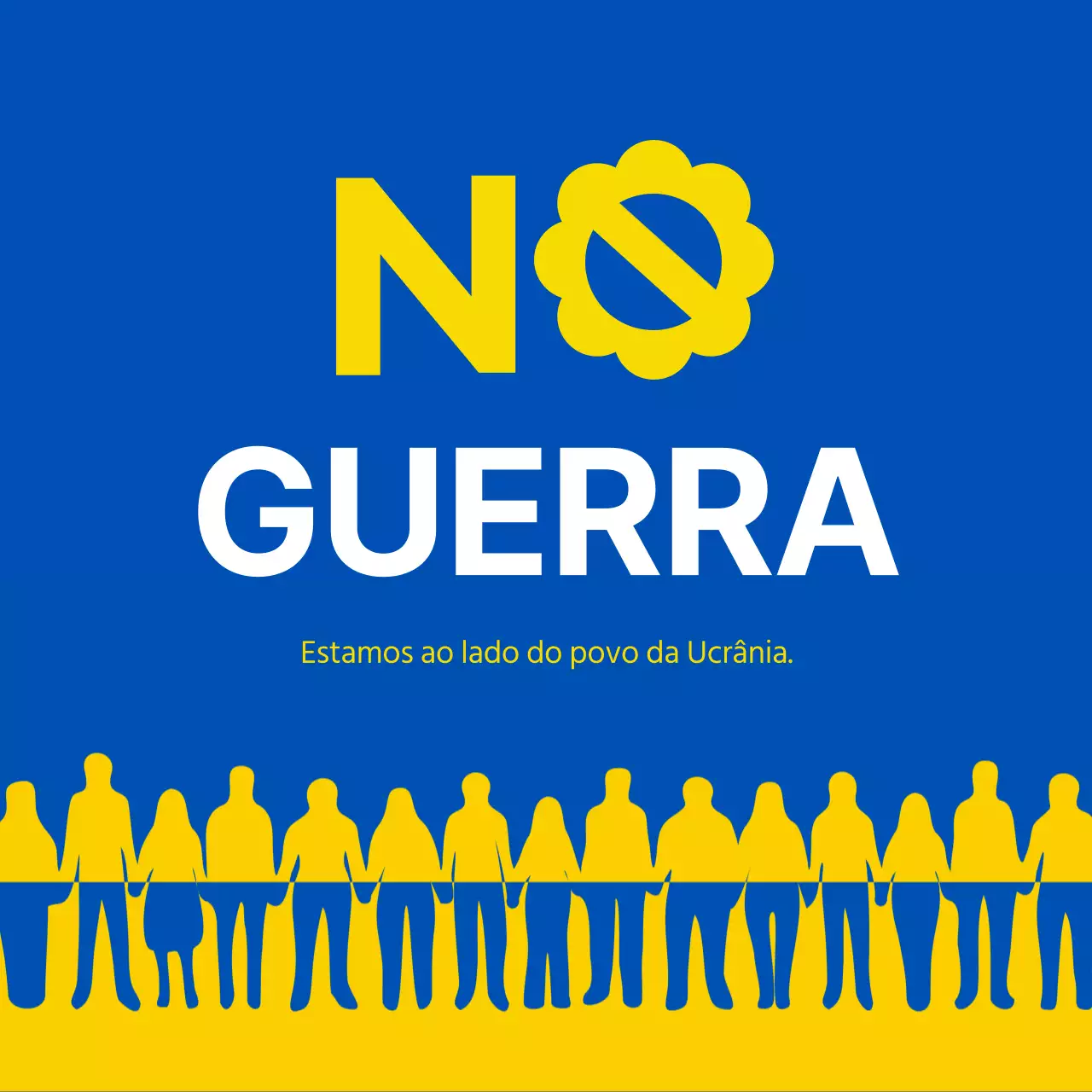 Mensagem anti-guerra com ênfase na ilustração amarela e azul