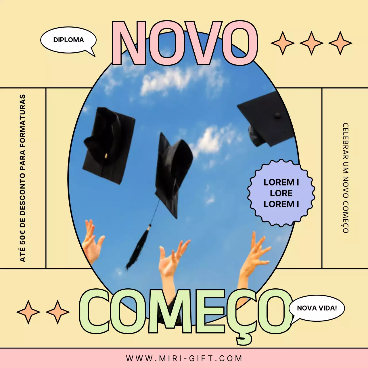 Evento de desconto de formatura em amarelo e cor-de-rosa