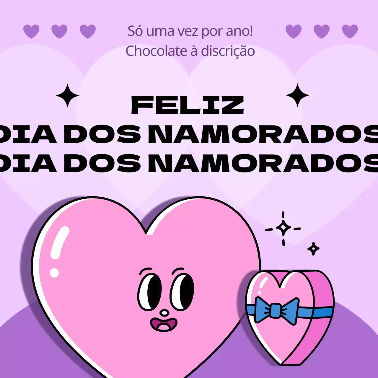 Evento do Dia dos Namorados com ilustrações de corações cor-de-rosa e roxos